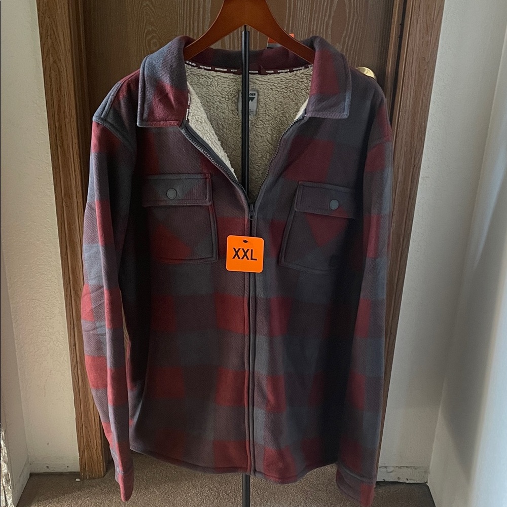 Men's Red and Gray Plaid Jacket with front and side pockets